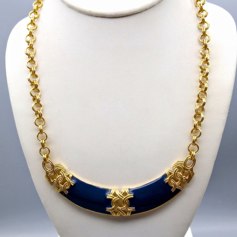 Vintage Avon Royal Crescent Necklace, Chic Gold Tone Rolo Chain Choker with Blue